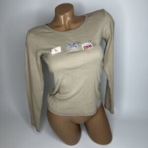 Vintage Y2k Beige Top Small Beaded Flag Tee Clean Girl Light Academia European